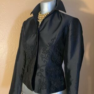 Vintage DANA BUCHMAN 100% Silk Black Embroidered Blazer.  Size 0P